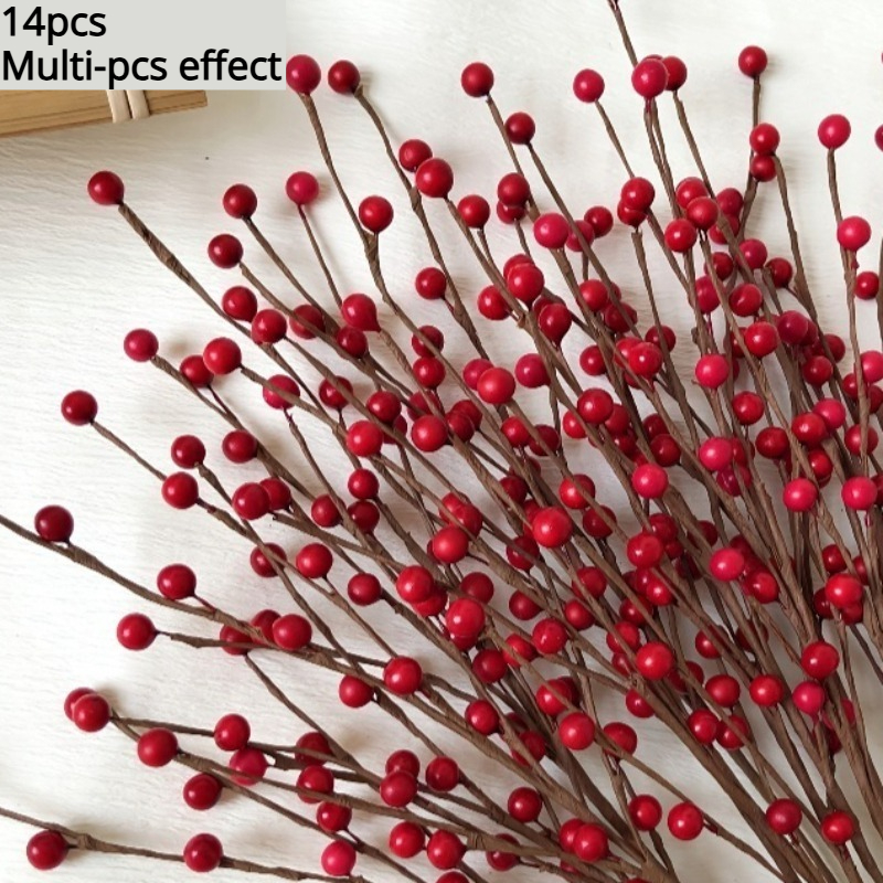 TEMU 14-pack Realistic Artificial Berry Red Stems With Hand-twisted Branches Suitable For Christmas Decorations, Winter Table Centerpieces, Plastic