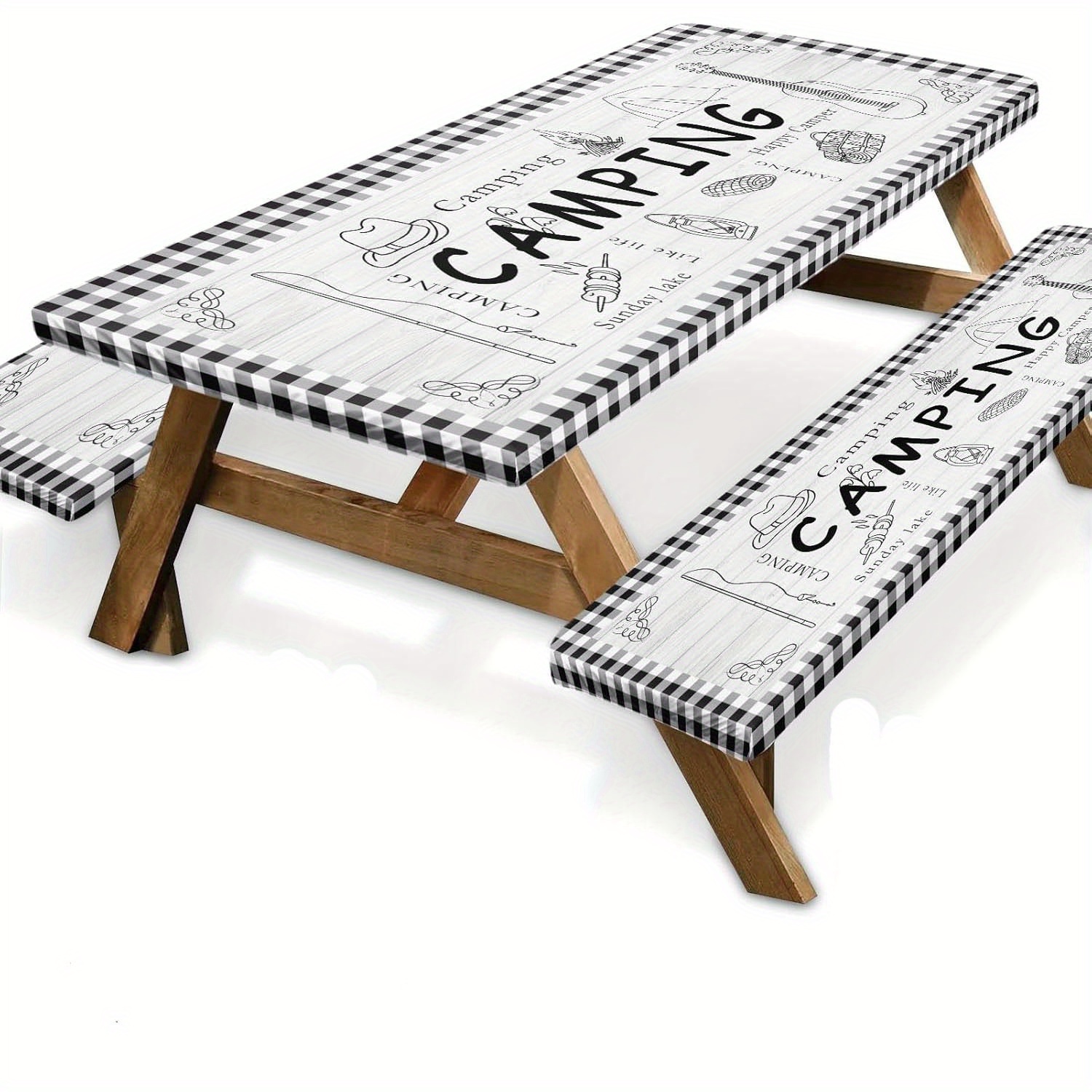 TEMU 3pcs Picnic Table Cover With Bench Covers Elastic Edges, Farm Fitted Table Cover, Outdoor Patio Camping Essentials 72 Inch 3pcs