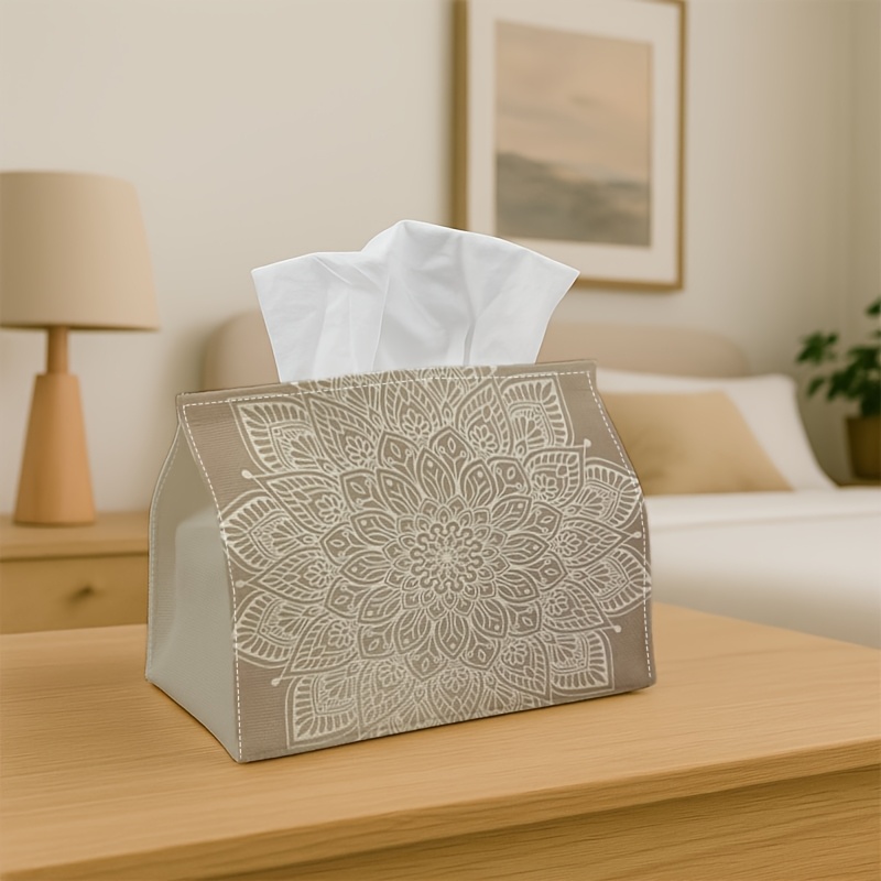 TEMU 1pc, 2d Flat Printing, Tissue Box Tissue Box Holder, Minimalist Mandala Design- Floral Line , Sturdy Polyester Material, Versatile Napkin
