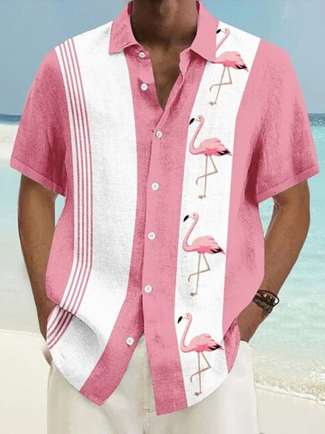 casual button shirt for men featuring a flamingo design   vacations   and summer   in   and green