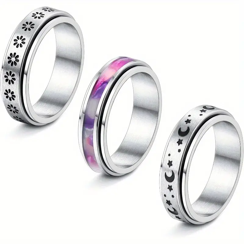 3pcs 316l 316l stainless steel spinner rings for - moon, star, flower fidget bands for relax, wedding promise rings, everyday & party wear, perfect gift for holidays, music festivals, father s day, thanksgiving, easter, relax rings | minimalist rings | durable rings, without battery Product details 1
