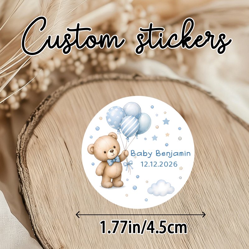TEMU Personalized Christening Thank You Stickers Suitable For Party Favors - Custom Name & Date Labels With Watercolor Teddy Bear & Blue Balloons, Pp