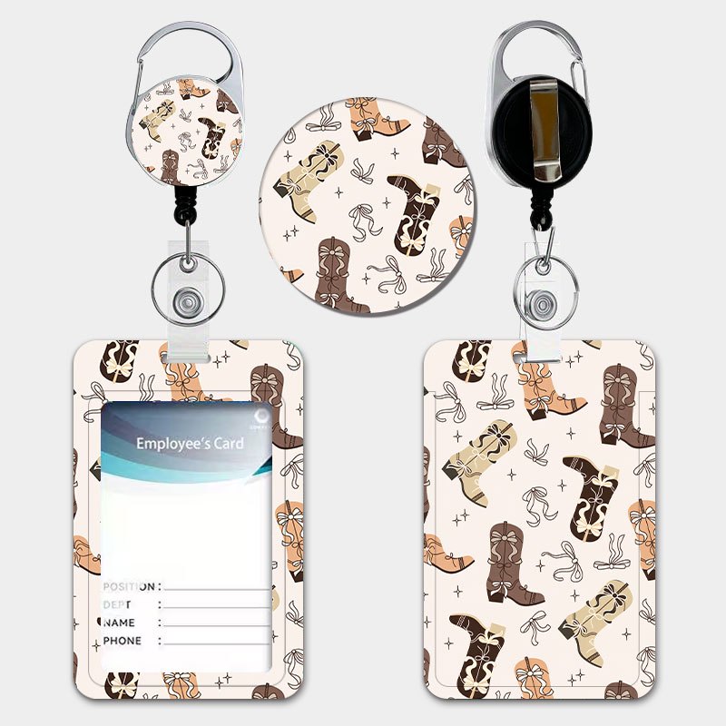 TEMU Un porte-documents beige à motif avec un design de botte de cowboy rétro, équipé d'un cordon rétractable et d'un porte-clés. Il est fabriqué en