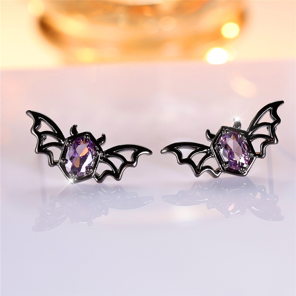 TEMU Edgy Men Bat Stud Earrings With Purple Synthetic Synthetic Zircon - Gothic Hollow For Halloween, Parties And Daily Wear, Without Battery