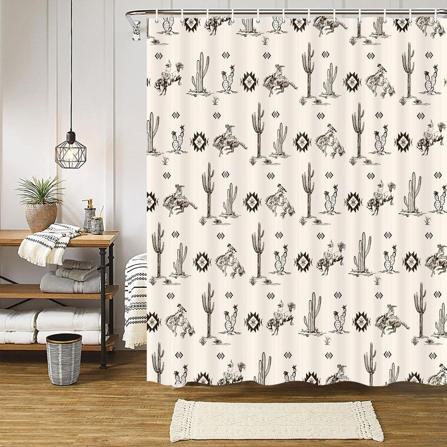 

Western Cowboy & Cactus Shower Curtain Set - Waterproof Polyester With Hooks, Aztec & , Bathroom Decor, 70.1x70.1 Inches