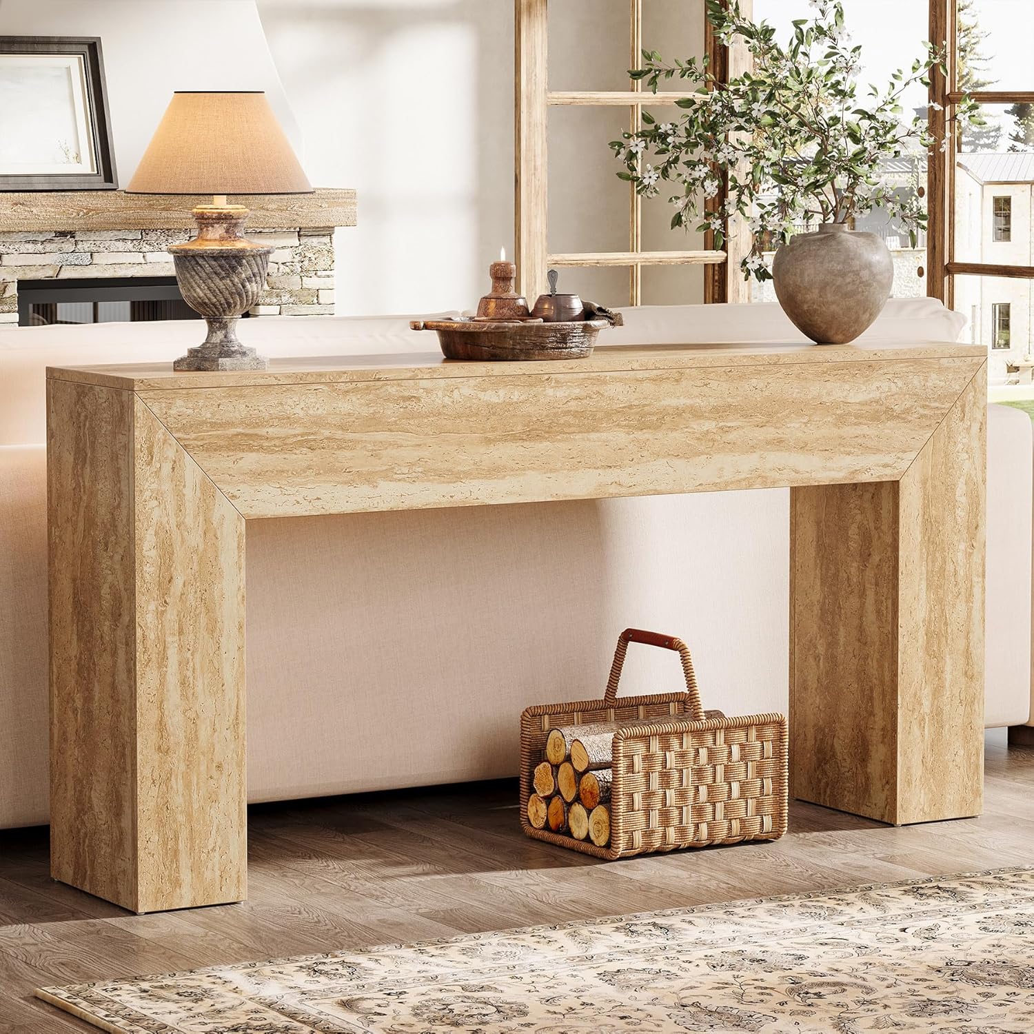 Image of 63" Modern Narrow Sofa Console Table - Heavy Duty Entryway Table With Travertine Desk, Space- Long Hallway Table Behind Couch, Wood & Mdf W/heavy Frame () For Living Room, Foyer, -finish