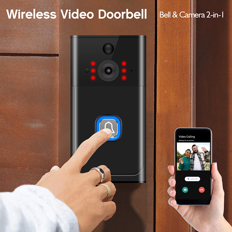 Timbre de puerta inalámbrico, audio bidireccional, video HD, cámara de timbre inalámbrico, cámara Wi-Fi con visión nocturna, alerta en tiempo real, alimentado por batería, timbre inteligente con campana, timbre de seguridad inteligente para el hogar, almacenamiento local y en la nube, fácil instalación.