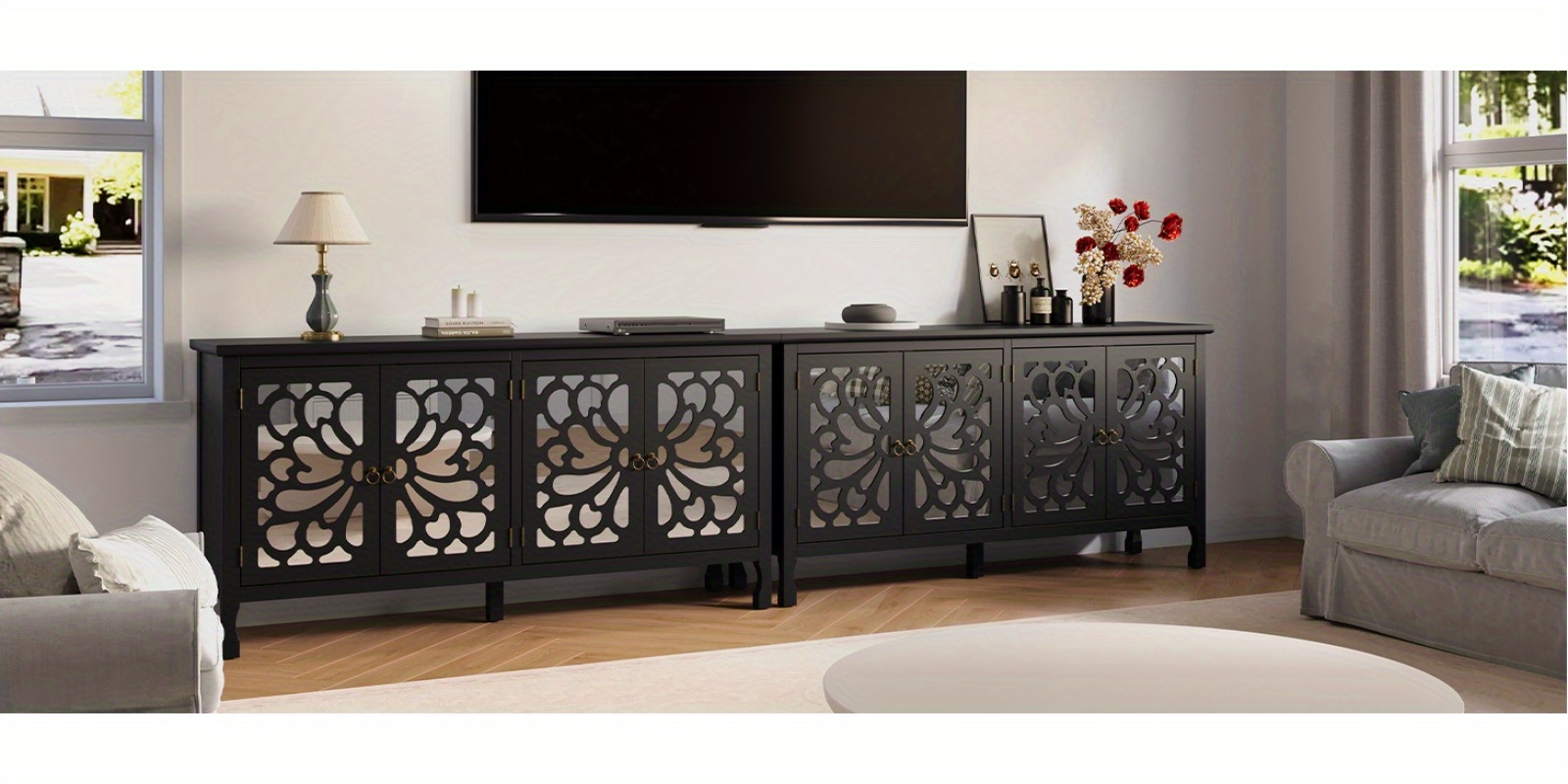 Modern Freestanding Buffet Credenza with Mirror & Storage - Adjustable Shelf Cabinet Suitable for Living Room, Dining Room, Entryway - Elegant Panel Doors & Tall -Standing Furniture
