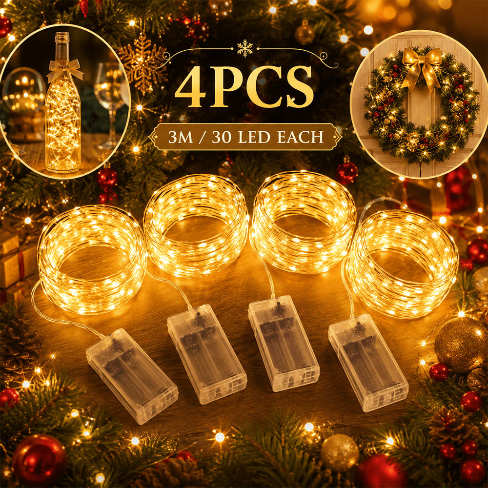   4er-set warmweiße dekorative lichterkette, 3 m mit je 30 leds, flexible mini-lichterkette für schlafzimmer, glasflaschen, geschenkverpackung, partys, hochzeiten