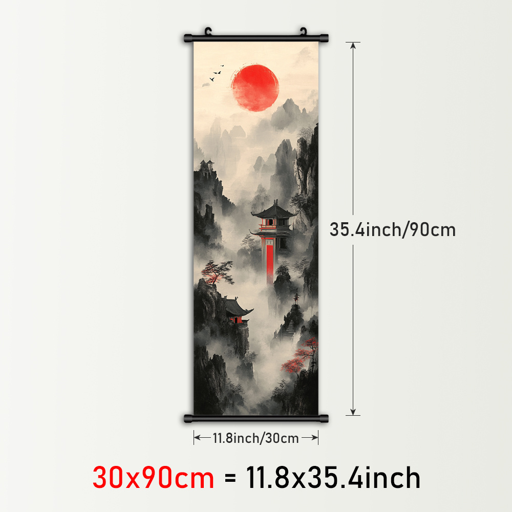 TEMU 1pc Framed Japanese Ink-style Mountain Wall Art â Vertical Canvas Scroll With Red Sun, , And Historic Pagoda For Indoor/outdoor Decor, Plastic
