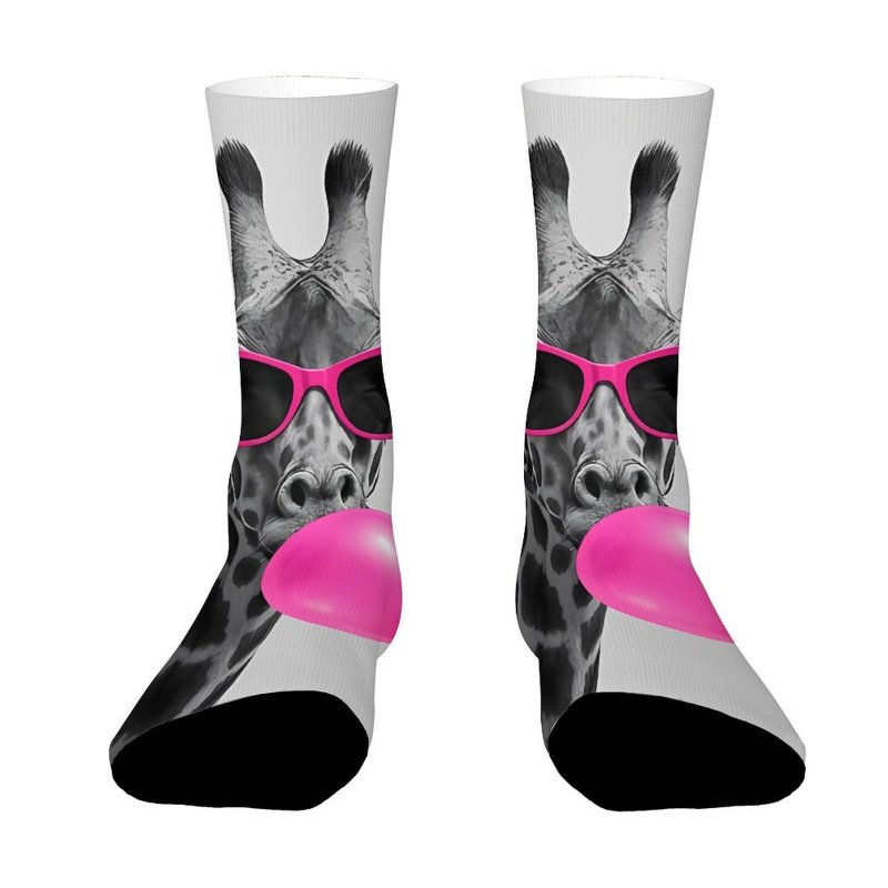 TEMU Un par de calcetines unisex de media pantorrilla para exteriores con diseño estampado de una con gafas de moda rosas y soplando , adecuados para