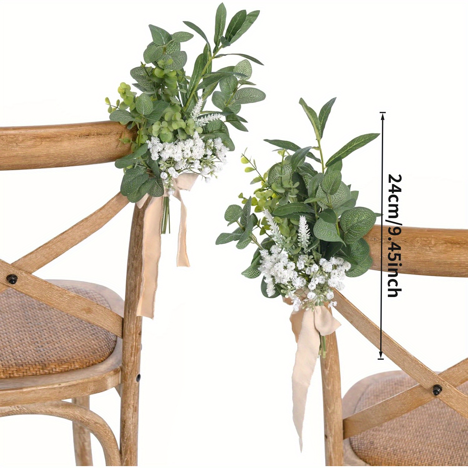 Image of Elegant Sage Green Artificial Floral Arrangement With White Flowers For Wedding Chair Back - Includes Chiffon Ribbons, Ideal For Reception, Church, And Outdoor Parties, Floral Deco