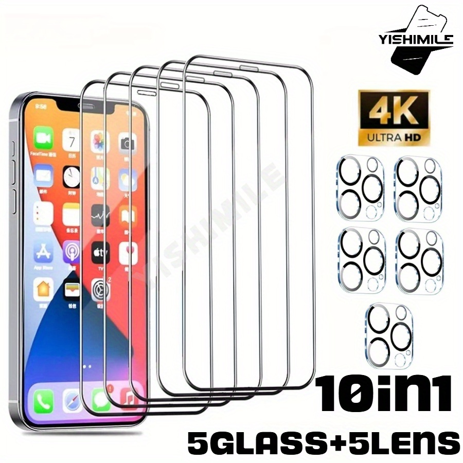TEMU 10in1 5pcs Full Coverage Hd Tempered Glass Screen Protector 5pcs Lens Protective Film, Suitable For Iphone 13/14 /15 /16 Plus/ Pro/pro Max /16e