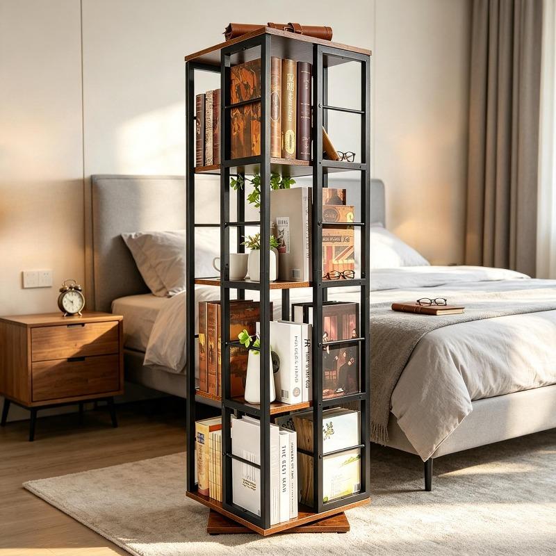 poza articolului bibliotecă rotativă tip turn,   grade - raft rotativ modern cu compartimente deschise, unitate rotativă de depozitare și expunere, de podea, bibliotecă de colț și unitate de depozitare care economisește spațiu - potrivită pentru living, dormitor și birou de acasă