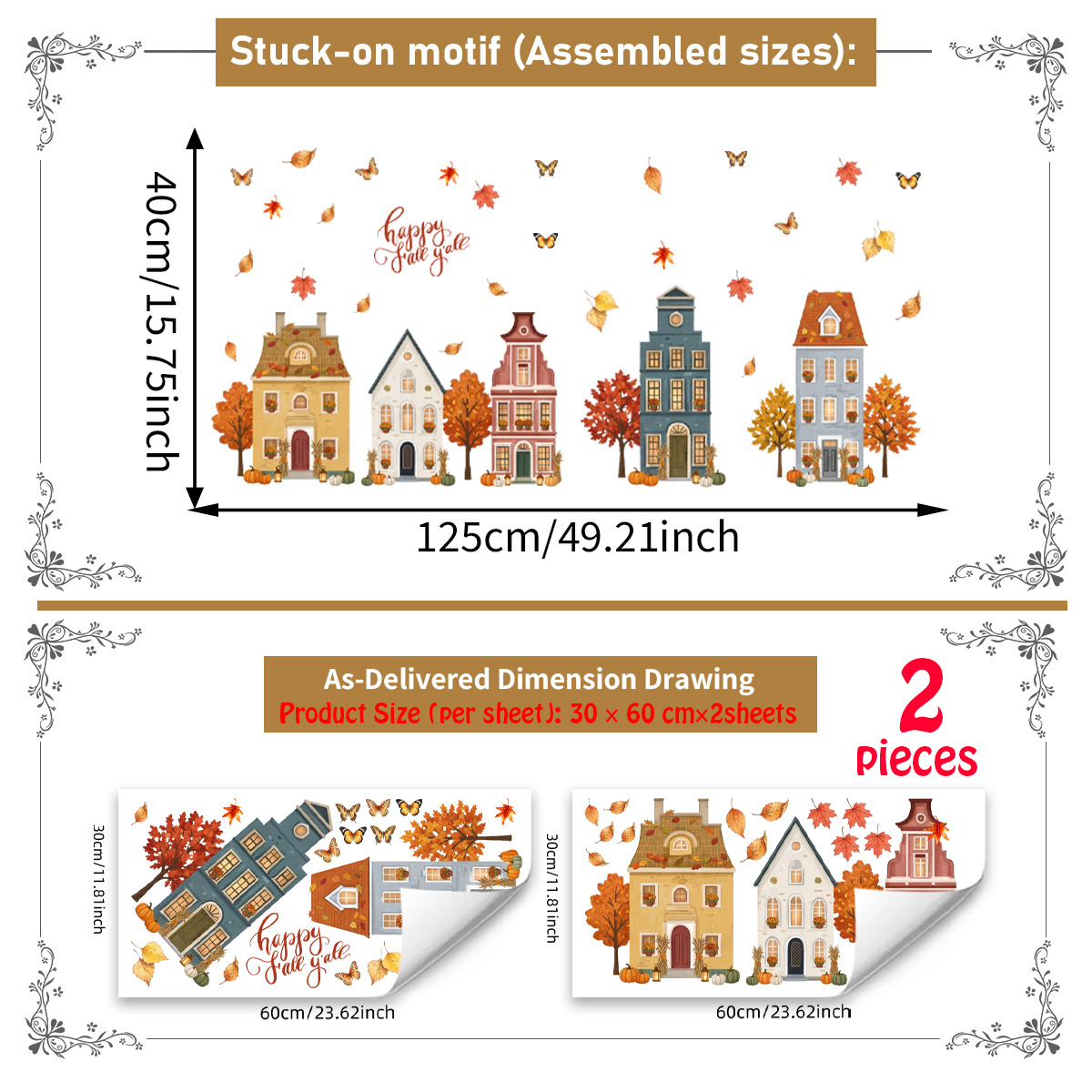 TEMU A Set Of 2 (30*60cm*2pcs) Fall Season Static Window Clings, Vintage Autumn Town Building Foliage Glass Decals For Glass Door Living Room Decor
