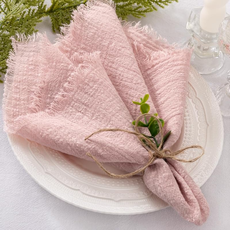Image of 12pcs Linen Napkins Dusty Rose Easter Spring Cloth Napkins Washable Dinner Napkins Fringe For Wedding Party Bridal Shower Birthday Table Decorations