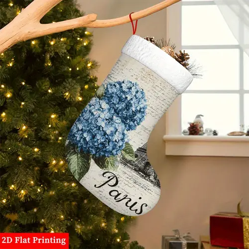 2D Flat, Tower & Blue Flowers 2 Christmas Stocking - Fireplace Hanging Ornament, Polyester, No Feathers, Ideal for Home Holiday Decor, Christmas Tree Ornament, Decor|Floral Pattern|Polyester Fabric, Christmas Decorations
