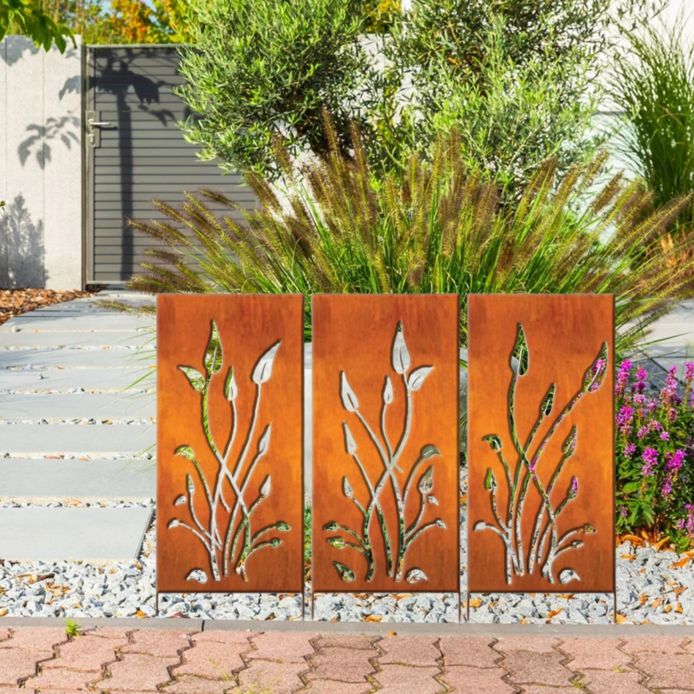 Outdoor Privacy Screen (3pcs Set), Outdoor Metal Wall Decoration, Large Metal Wall Sculpture, Wrought Iron Wall Art, Metal Garden Flowers
