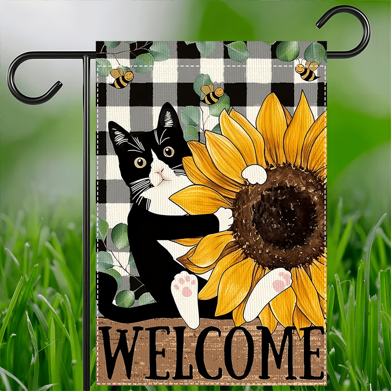 TEMU 1pc Sunflower With Tuxedo Cat Garden Flag, Durable Polyester, Perfect For Spring, Summer And Holiday Indoor And Outdoor Decoration, No Flagpole Double Sided Burlap Flag 12x18inch