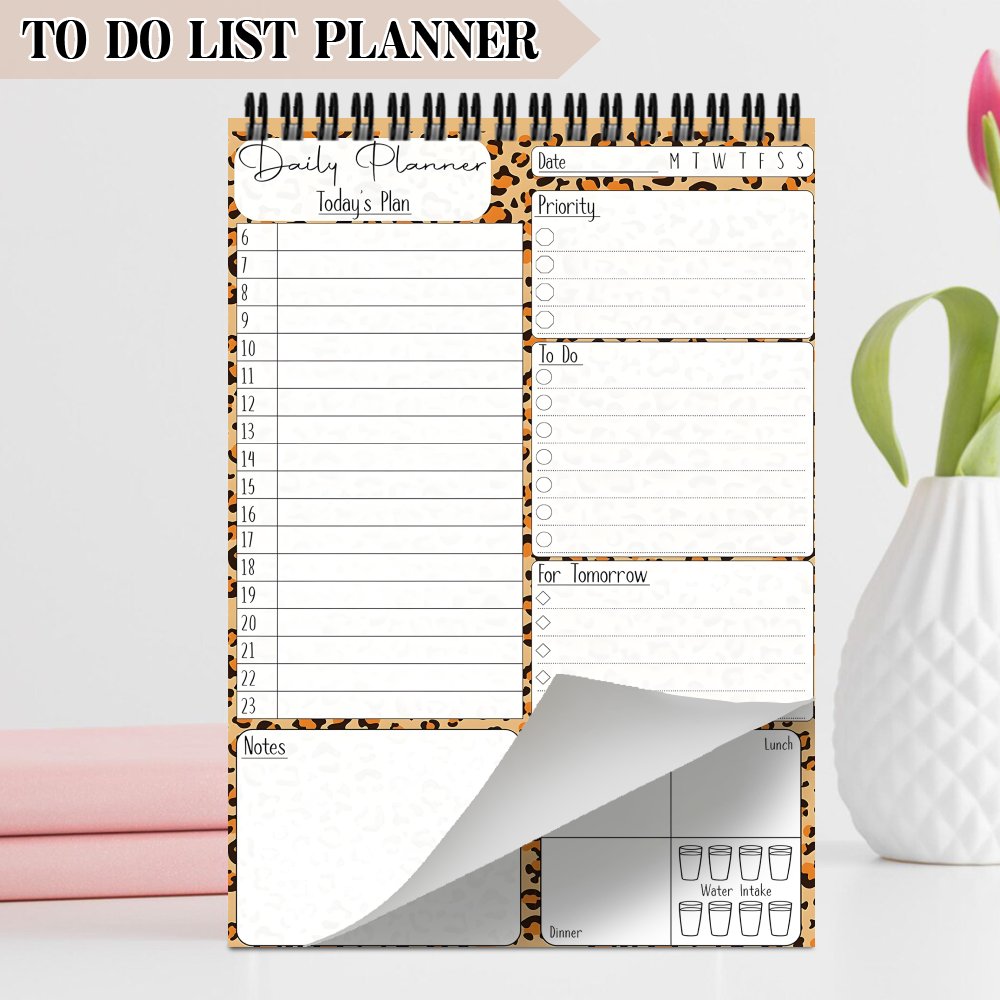 TEMU 1pc Aesthetic Daily Planner Spiral Notebook Travel Journal - List Organizer Agenda Notepad For Work, To Do List With Leopard Print Background,