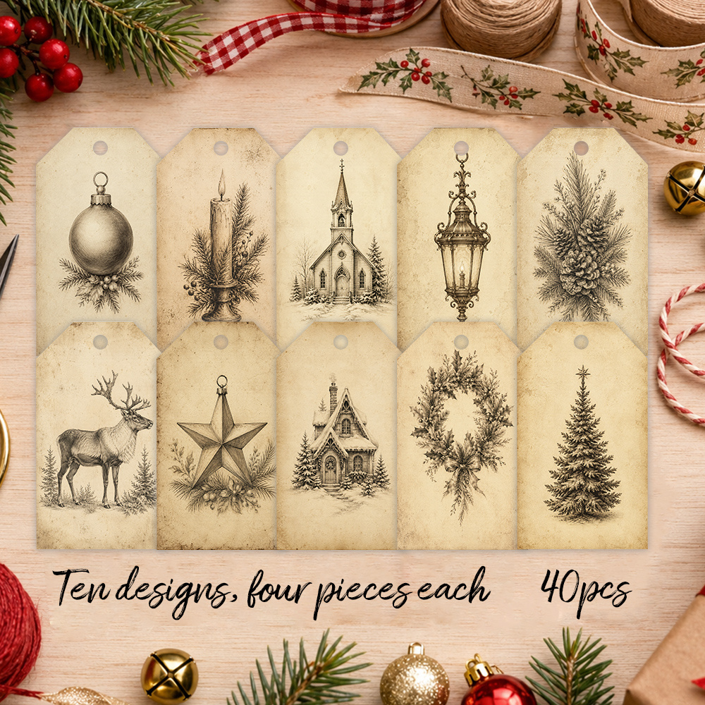 TEMU 40 Stück, Retro Skizzen Handgezeichnete Weihnachtsetiketten, 10 Stile von Rentier Weihnachtsmann Schlitten Etiketten, Winter Geschenksetiketten,