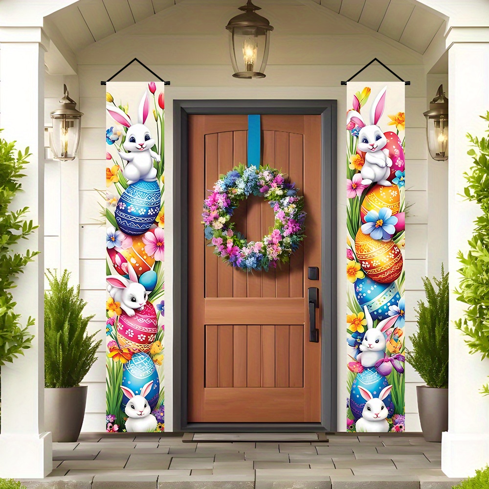 

1-pair Easter Celebration Porch Banner Set, 11.8x70.8 Inches - Vibrant Bunny & Egg Design, Polyester, Ideal For Indoor/outdoor Use, Front Porch, Patio, Garage Decor, Bunny Accessories