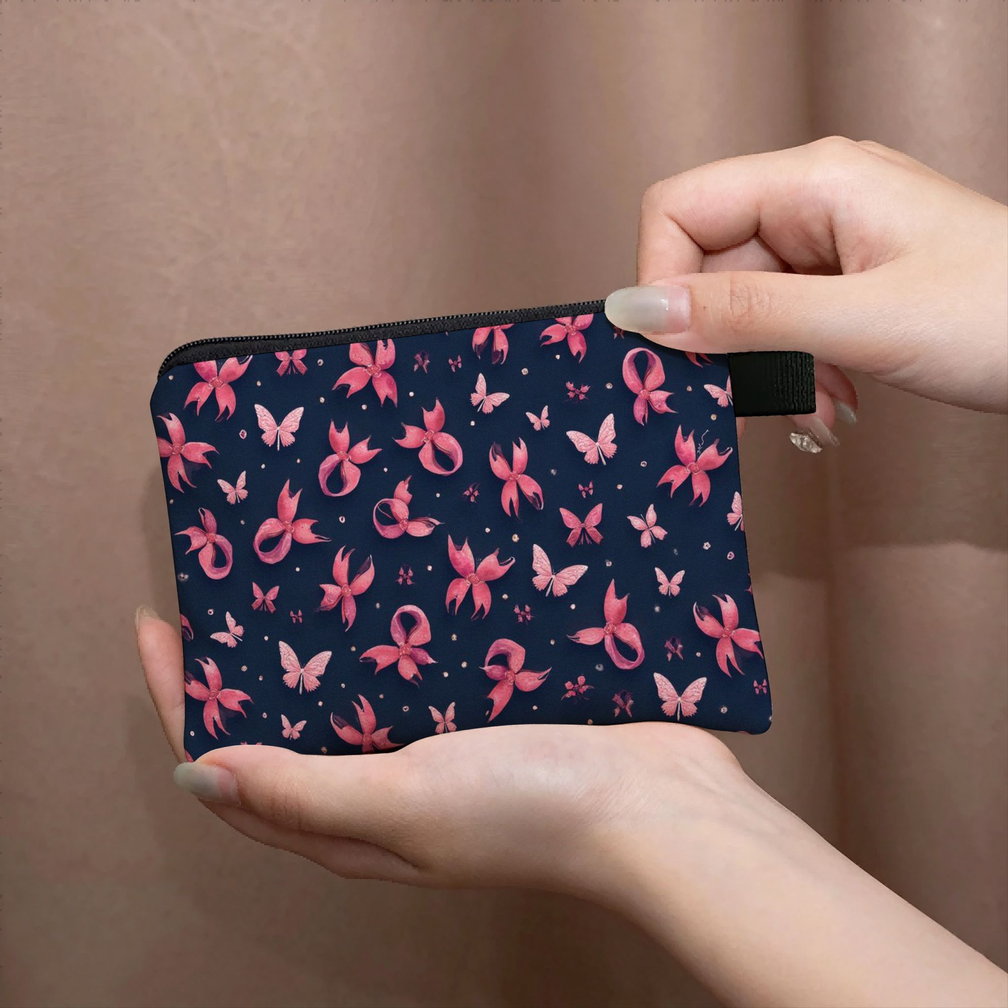 TEMU Porte-monnaie à motif papillon et ruban pour la sensibilisation au du sein - Mini pochette zippée, petit sac de rangement portable, organisateur