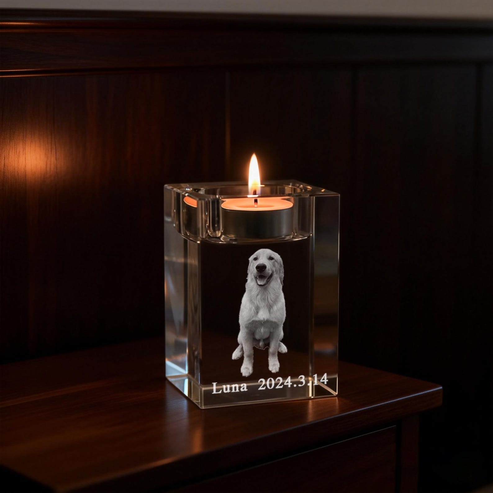 Pet Memorial Custom 3D Crystal Photo Candle Holder: Engraved Tealight Gift, Photo Crystal Candle Holder, Laser Engraved Pet Memorial Gift, Eternal Keepsake, Anniversary Gift