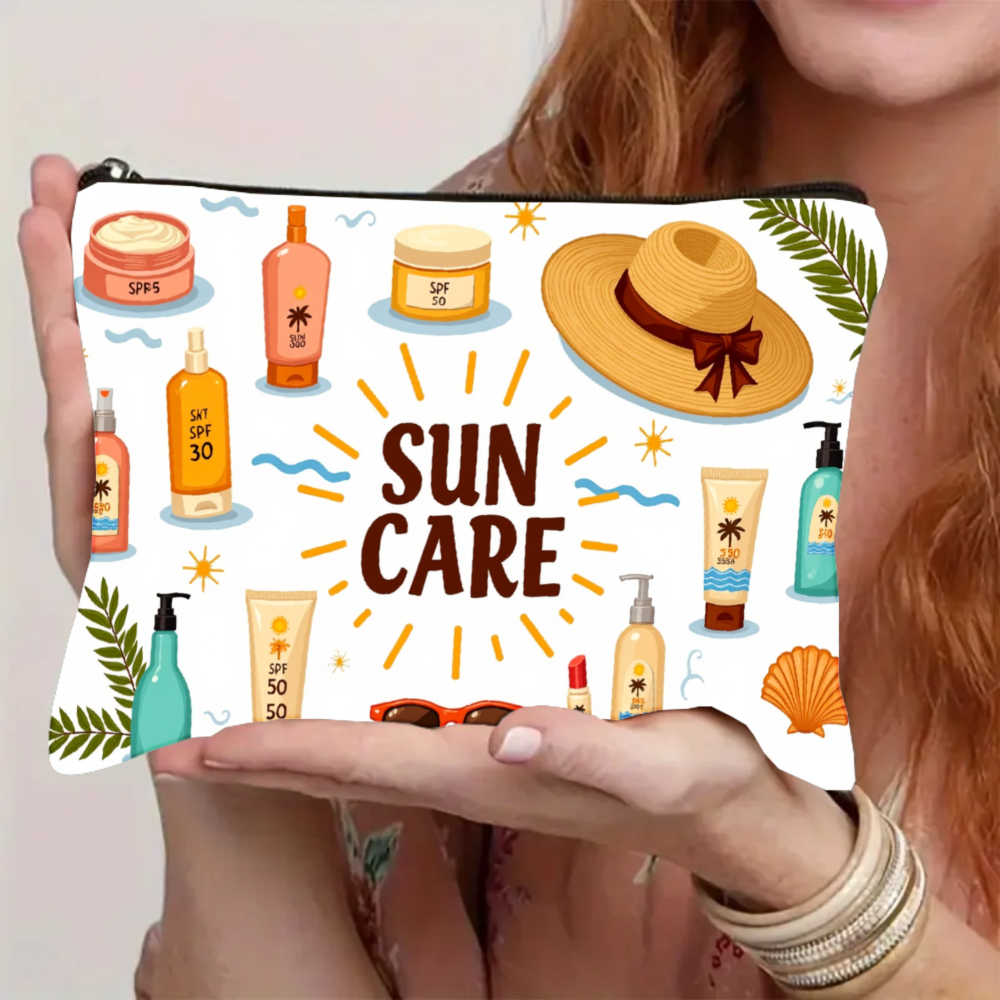 1pc Sunscreen Skincare Tool Organizer Bag, Summer Beach Style Makeup Bag - Ideal Gift For Travel, Vacation, Gym, Camping, Zipper Closure, Durable Fabric, Travel Essential