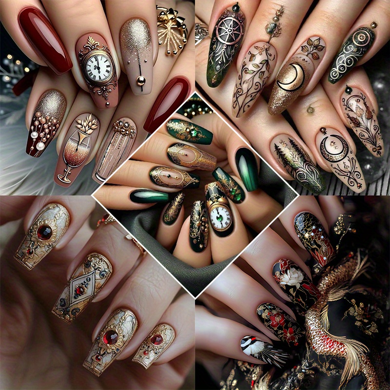 120pcs (5pack) Style Fashion Press-on Nail Set, Black, Red And High-end Color Scheme Nail Pieces, Nail Pieces With Watch And Moon Decoration, Very Fashionable And Suitable For Parties And Important