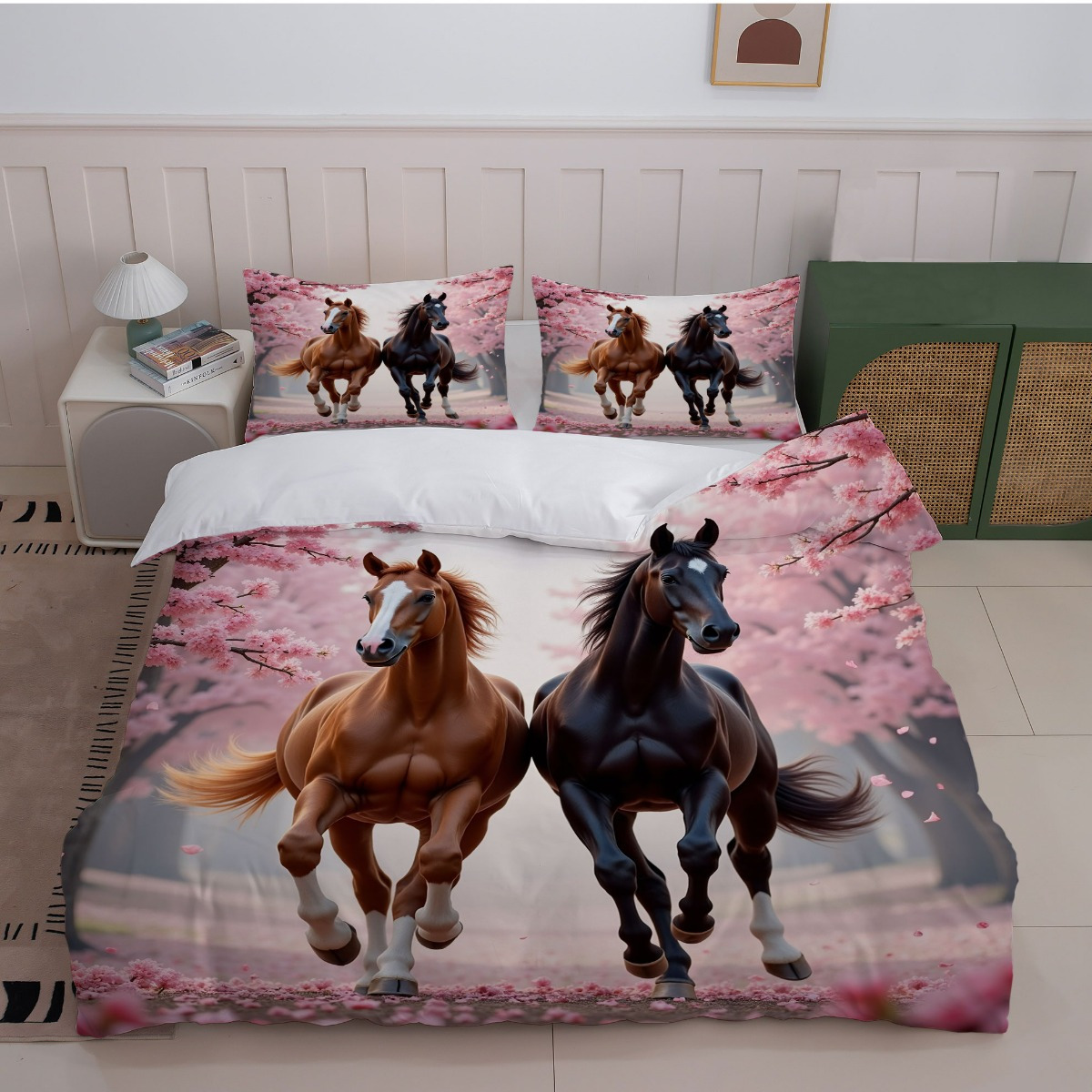 TEMU 3pcs Horse Print Bedding - Brown And Black Horses With Cherry Background (1duvet Cover + 2pillowcase, Without Core) - Perfect For Bedroom Decor