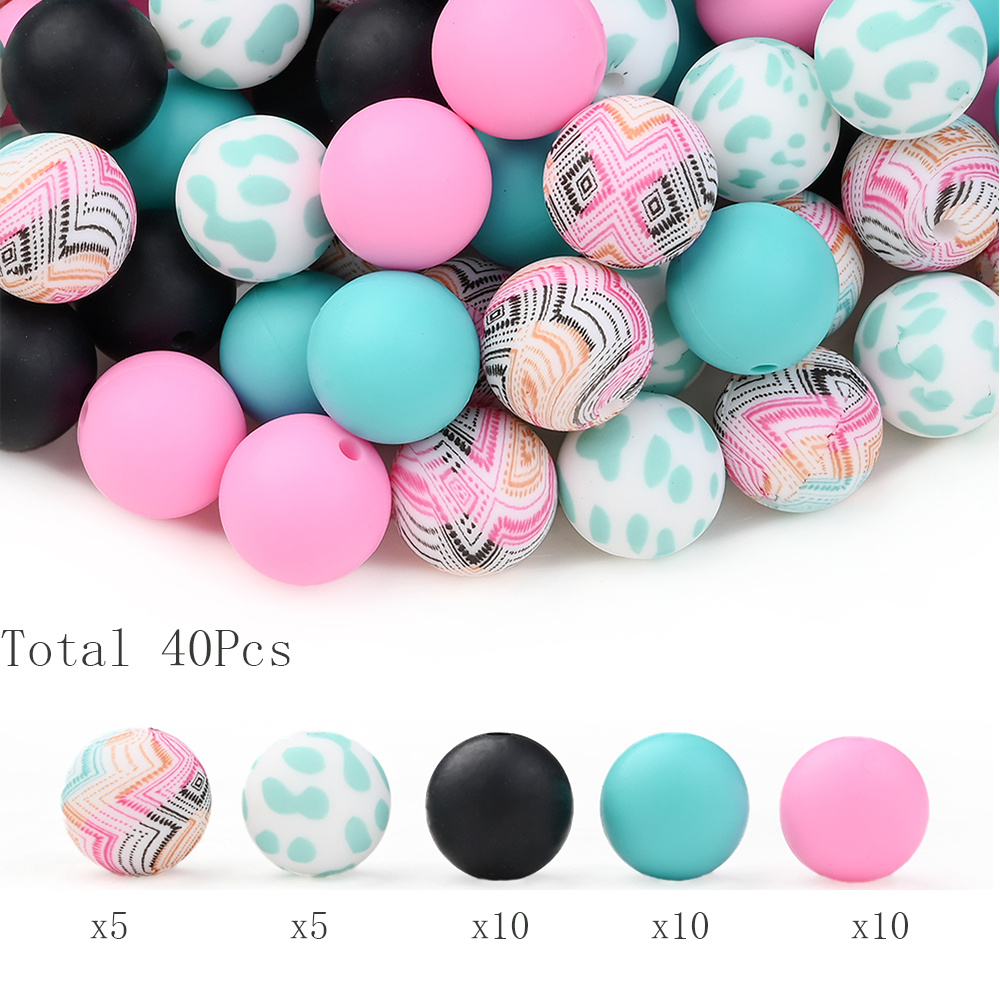 E-shop 40 Stück 15 mm Unregelmäßiges Punktmuster Wassertransferdruck Silikon Rundperlen Set, Grün Linienbedruckte Perlen, Ideal für Kreative DIY