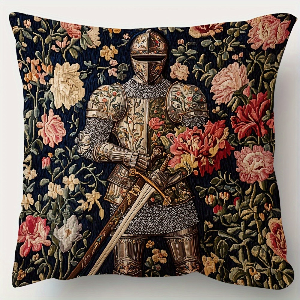 TEMU A Medieval Knight And Floral Tapestry Pillow Cover Measuring 17.72x17.72 Inches - Double-sided Short Plush Decorative Cushion Cover With Zipper
