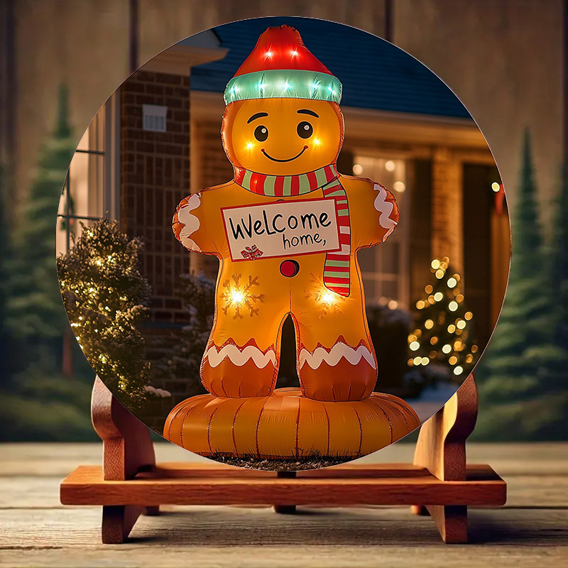 

Inflatable Gingerbread For Man With Illuminated Sign - Round Aluminum "welcome Home" Poster, Classic Holiday Decor For Outdoor Use, Outdoor Decoration|holiday Themed Decor|vibrant Inflatable Display