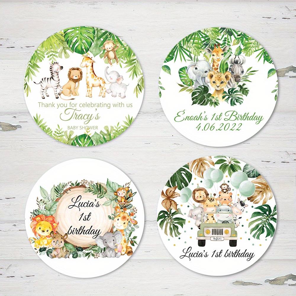 

Custom Stickers Featuring Jungle Animals With Personalized Names For Zoo-themed Birthday Parties, Baby Showers, And Baptism Celebrations, As Adhesive Labels.