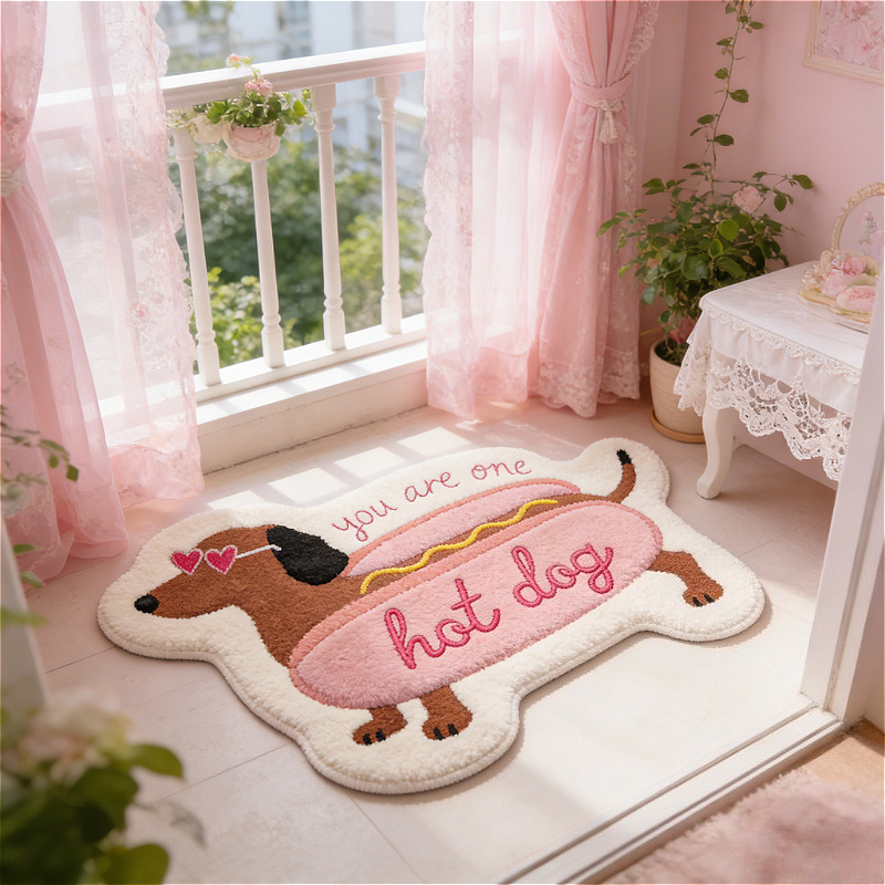 TEMU 900g 9mm Imitation Cashmere Creative Dachshund Hot Dog Pattern Bedside Rug With Heart-shaped Fashion Glasses Design, Living Room Decorative
