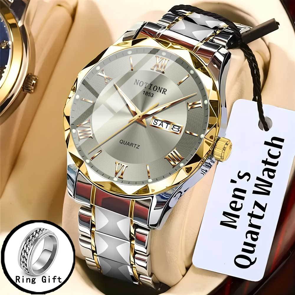 TEMU 2pcs Luxury Quartz Men's Watch With Stainless Steel Strap, Sports Casual Business Present, With A Ring Elegant Watch For Men, Watch For