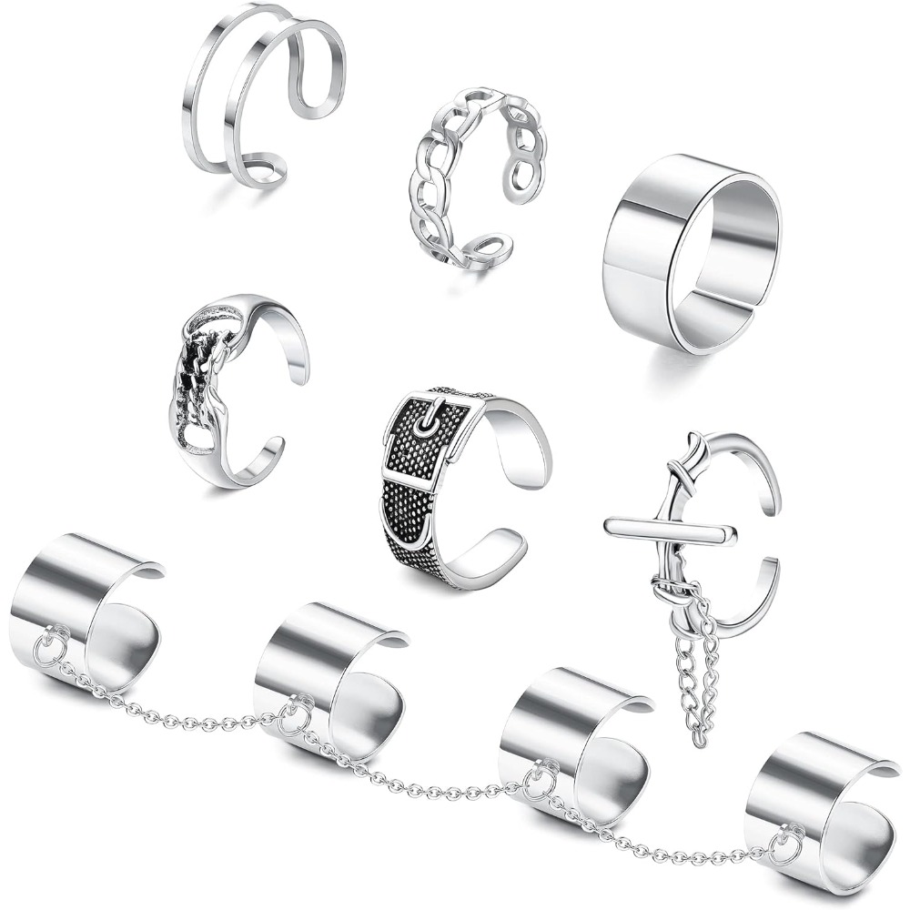 7pcs Gothic Punk Adjustable Open Rings With Cross Chain Belt Design Knuckle Stackable For And Finger Rings, For Teenager
