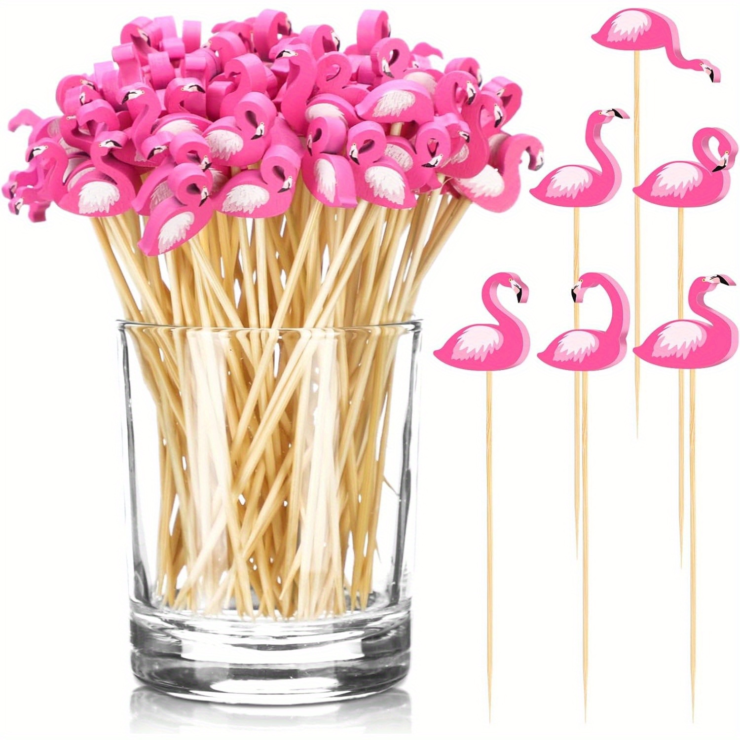 50 stück flamingo   spieße, zahnstocher spieße für cupcake-deko,   spieße für getränke, hochzeit geburtstag party deko für vorspeisen, obst, getränke, partyzubehör (flamingo-stil)