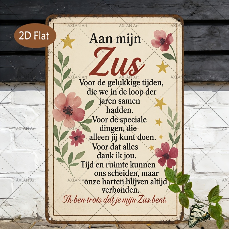 TEMU 2D Plat, . Vintage Wanddecoratiebord met Nederlands Zus-thema - Belettering Geschikt voor Zusjeskamer, Cadeaus voor, Zinsnede Decoratie voor