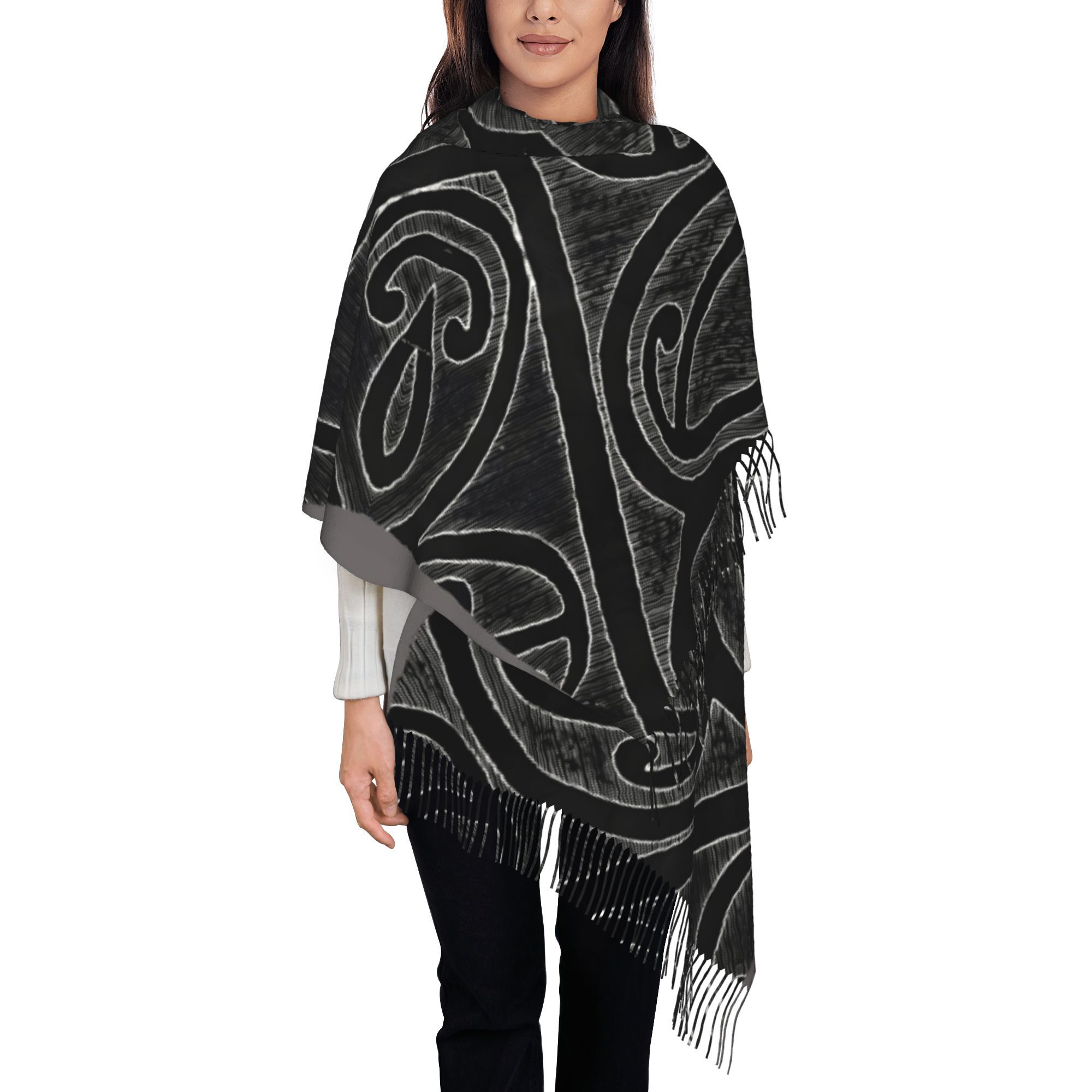 TEMU Maori New Zealand Maori Design Unisex Autumn And Winter Fashionable Tassel Scarf Suitable For Outdoor Hiking Running Cycling Travel Durable