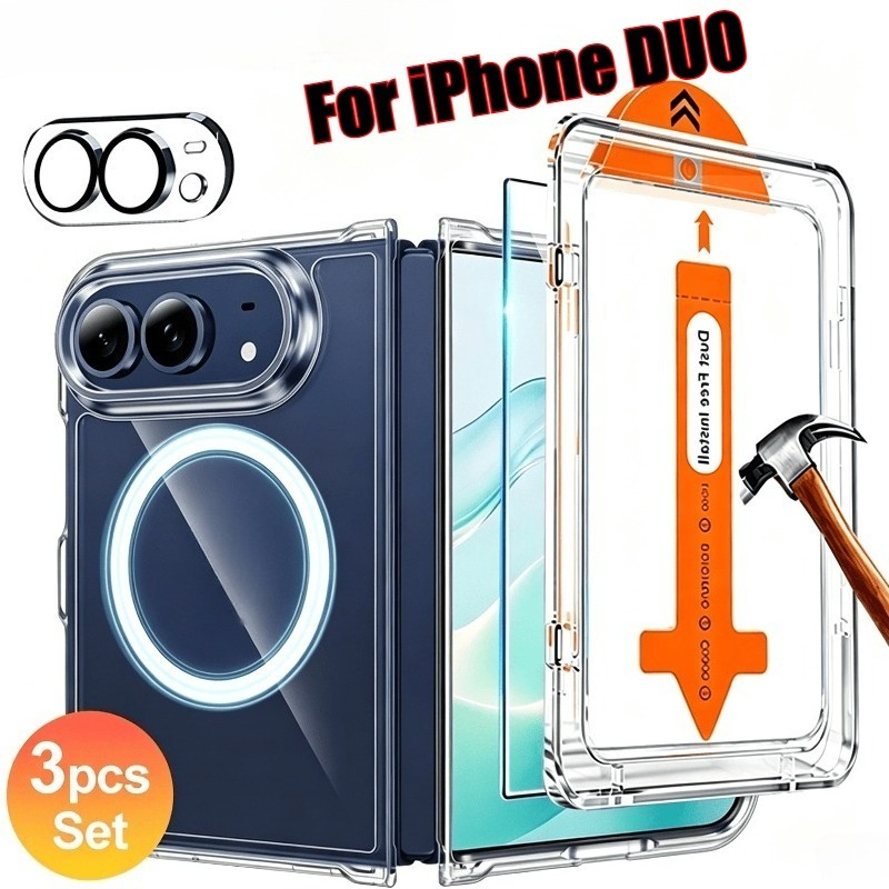 TEMU 3pcs Set: 1 Hd Tempered Glass Screen Protector + 1 Hd Lens Protector + 1 Magnetic Transparent Phone Case, Suitable For Iphone Duo, For Iphone 18