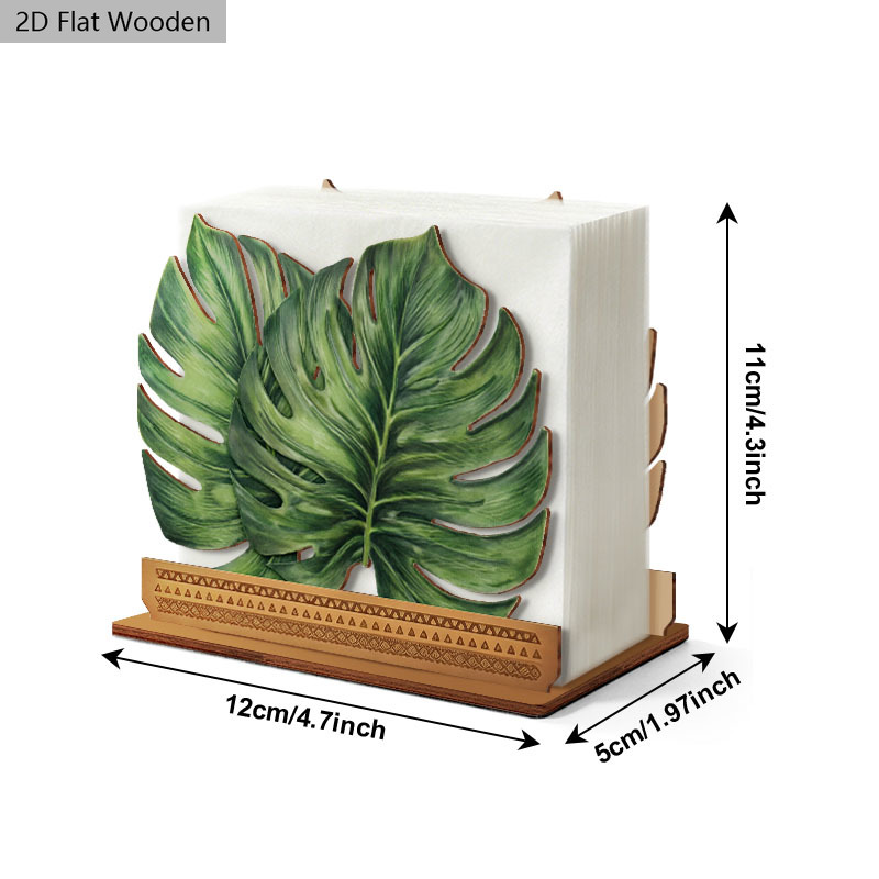 TEMU Porte-serviettes en bois plat 2D de feuille, disponible en ensembles de 1/2/3, Boîte à mouchoirs en bois feuille de Monstera verte, Ouverture de