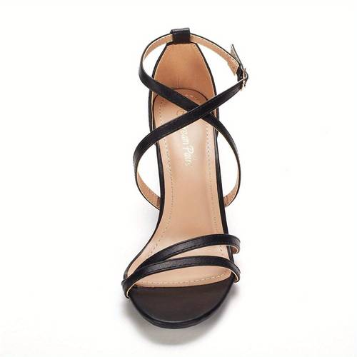 elegant womens open toe stiletto sandals adjustable cross strap pu cover pumps with metallic lightly padded insole and ankle closure for dressy occasions elegant event sandals sophisticated stilettos durable sole footwear stiletto heels