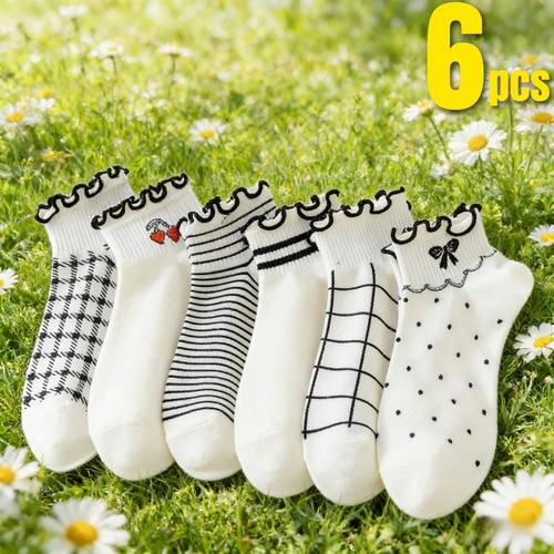 stokin buku lali wanita nipis bernafas rawak 6pcs/3 - bentuk berkerimping dengan reben, , ceri, berganda, dan - - stokin ber , menyeronokkan untuk pemakaian harian, stokin kasut ber dengan