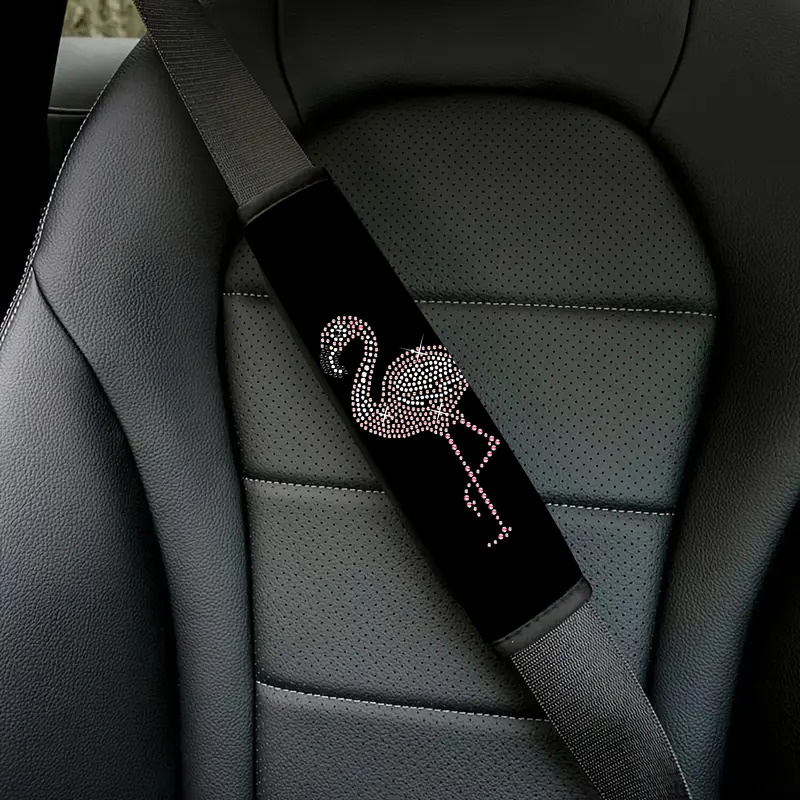 TEMU 1/2pcs Rhinestone Flamingo Car Seat Belt Cover, , Universal Fit, Soft Polyester Fabric, Fashionable Auto Interior Accessories, Multifunctional
