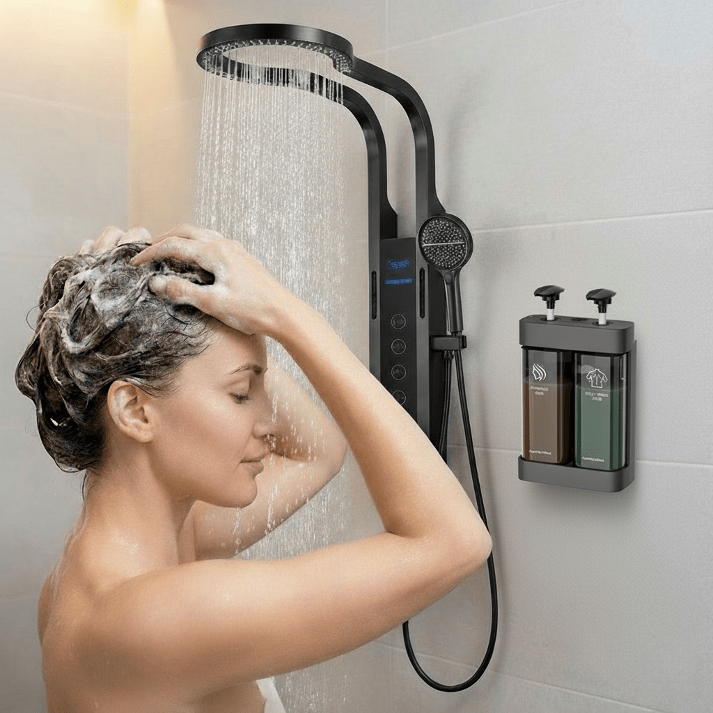 TEMU Distributore da Parete per Shampoo e - per Bagno , Installazione Senza Foratura, Doccia Ricaricabile Multicamera in Plastica, 500ml per Shampoo,