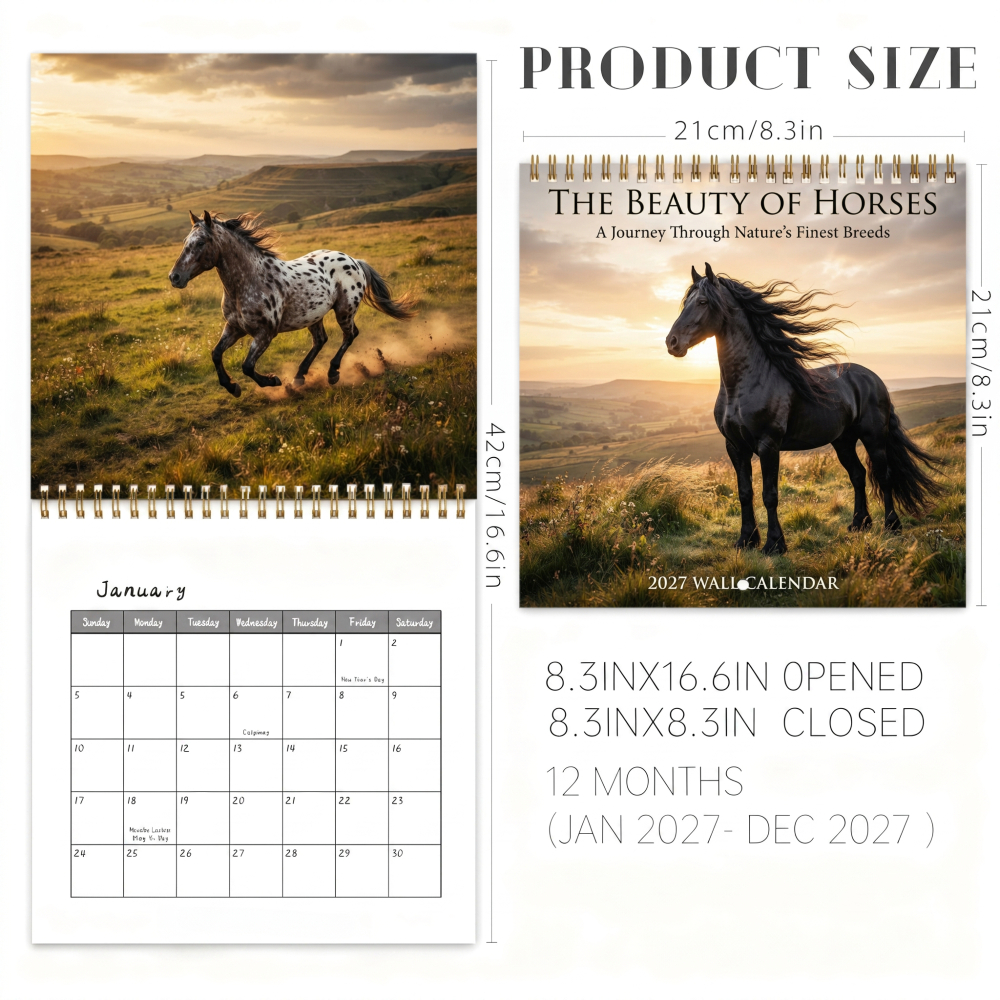 TEMU Calendrier Suspendu Illustration 2027 - La Beauté des Chevaux, Section Date Spacieuse , Trou de Suspension Facile, Cadeau de Fête et