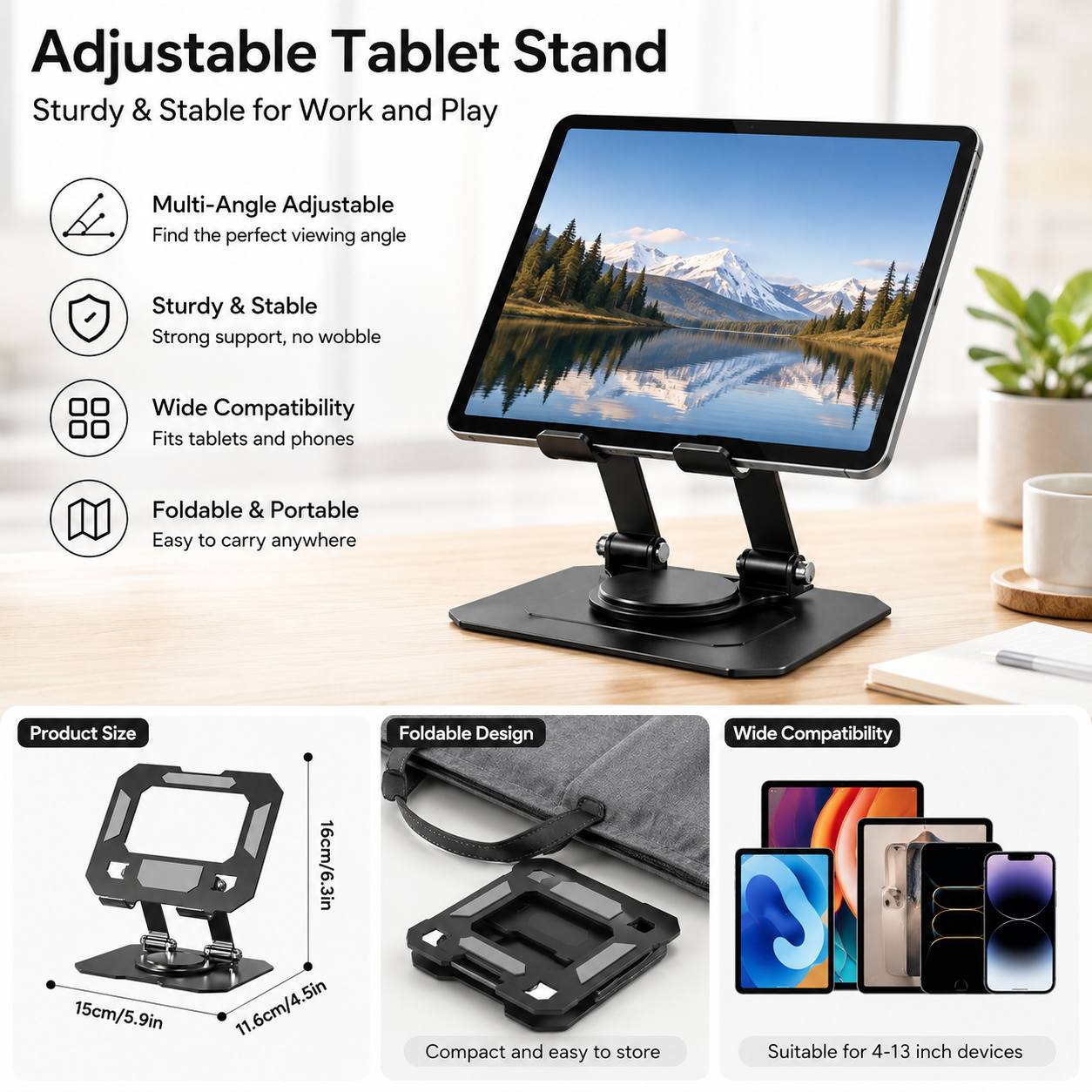 TEMU 2-in-1 Multifunctional 360° Rotating Adjustable Desktop Tablet Stand - Foldable Stand Compatible With 4-13 Inch Ipads And Iphones; Universal Use