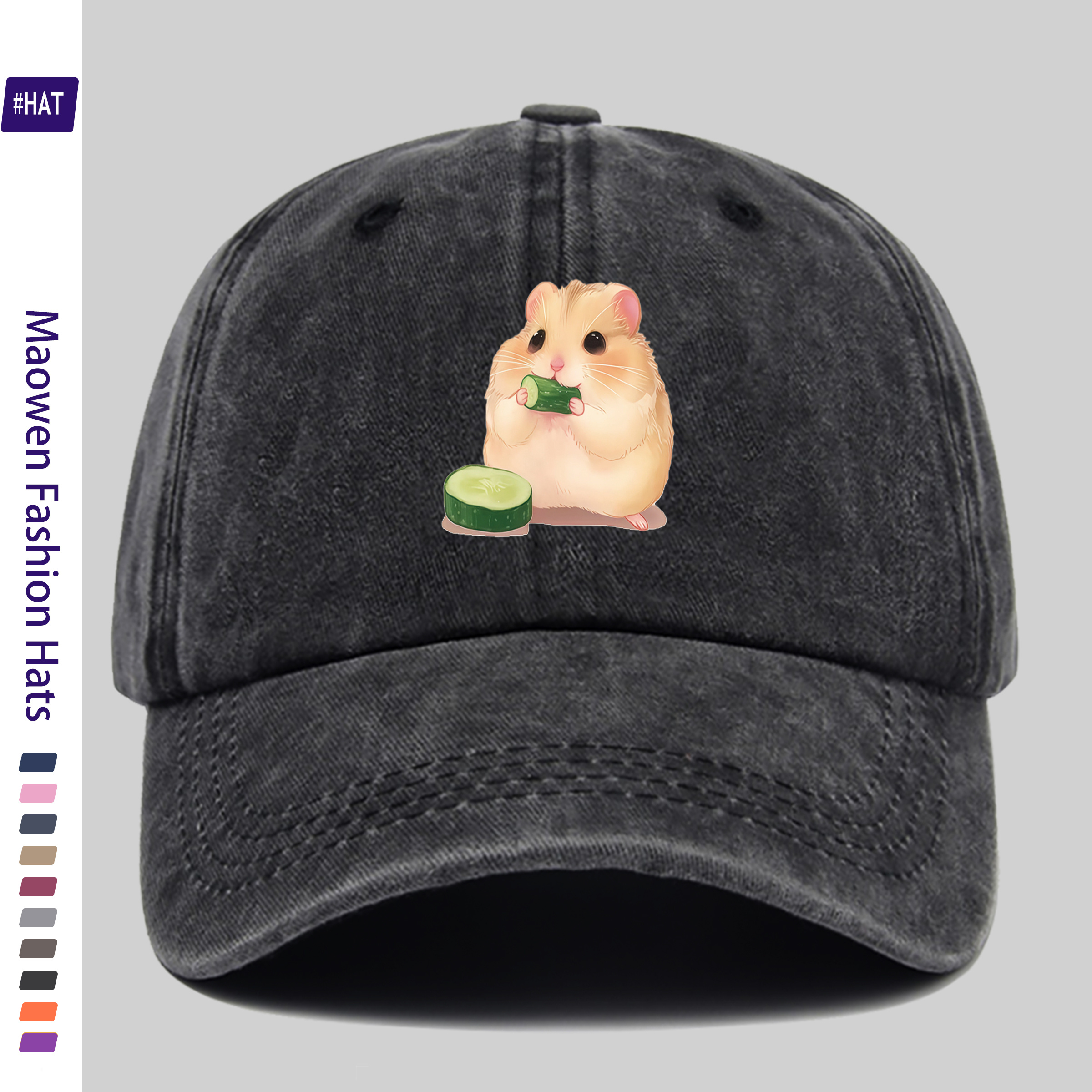 TEMU 1pc Vintage Distressed Adjustable Sports Cap, Cute Cartoon Hamster Pattern Printed Washed Cap, Outdoor Casual Hat, Fashion Printed Breathable
